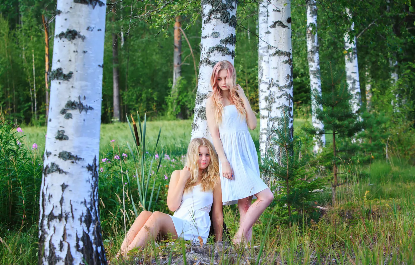 Photo wallpaper two girls, Julia, birch, Nea, Finland's beauty
