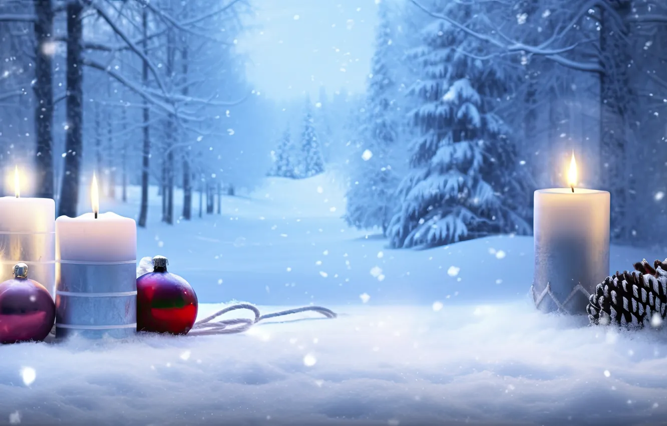 Photo wallpaper winter, frost, forest, balls, snow, trees, winter, new year