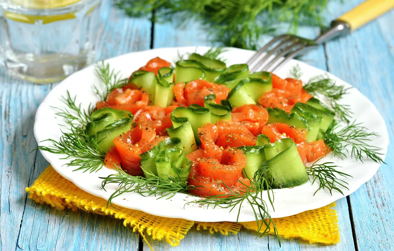 Photo wallpaper cucumbers, tomatoes, salad, plate, vegetables