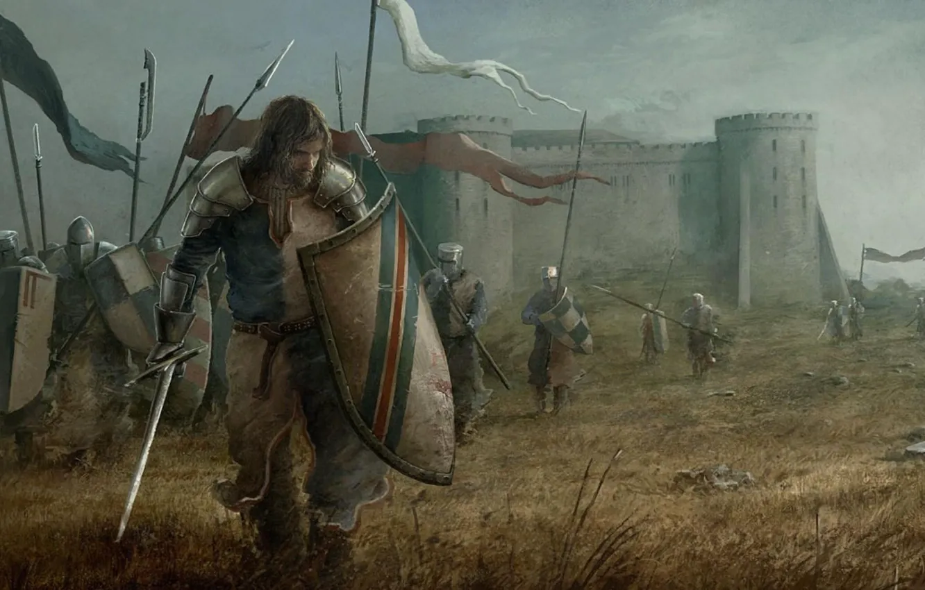 Photo wallpaper sword, armor, cloud, man, ken, blade, flag, battle
