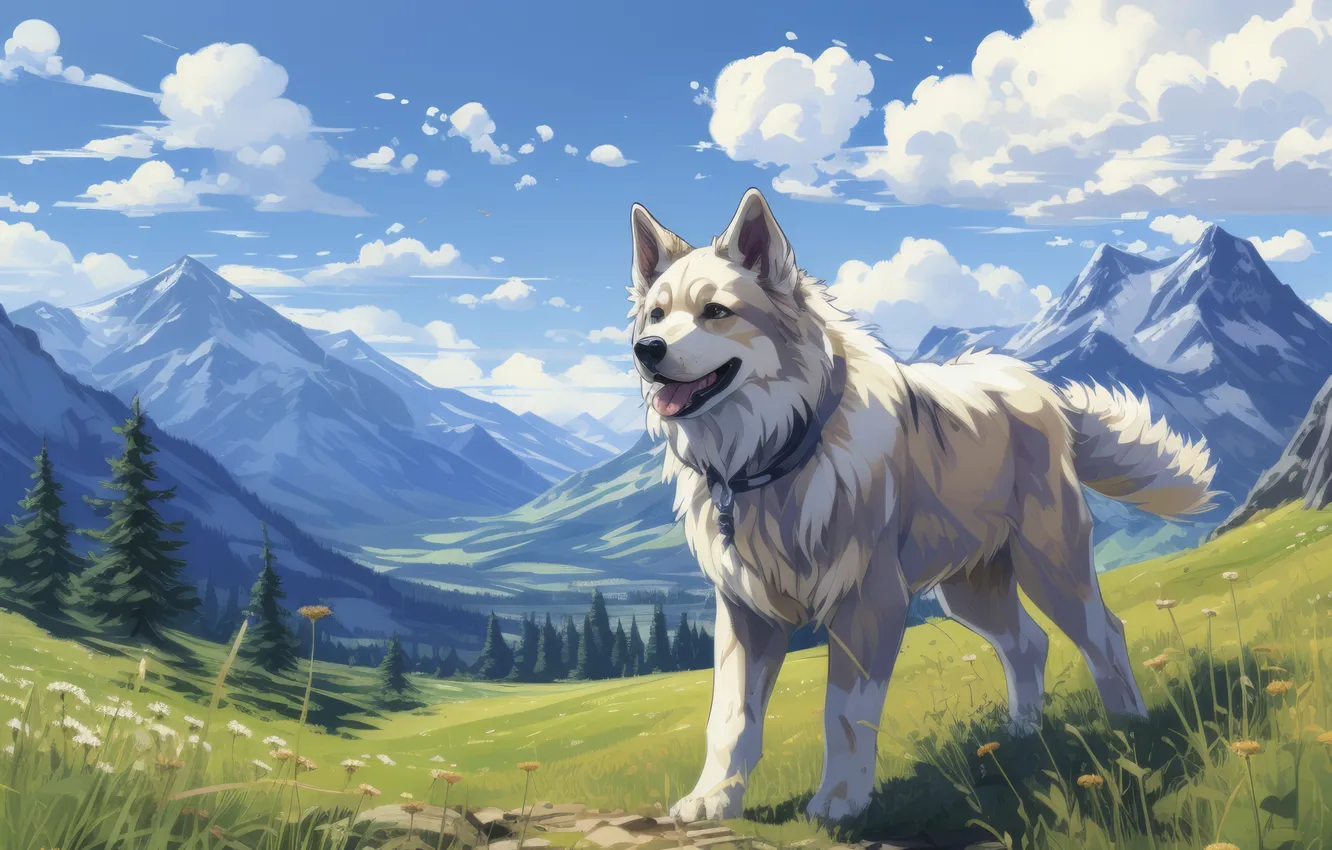 Photo wallpaper clouds, mountains, dog, digital art, AI art, The Art of Artificial Intelligence, neural network