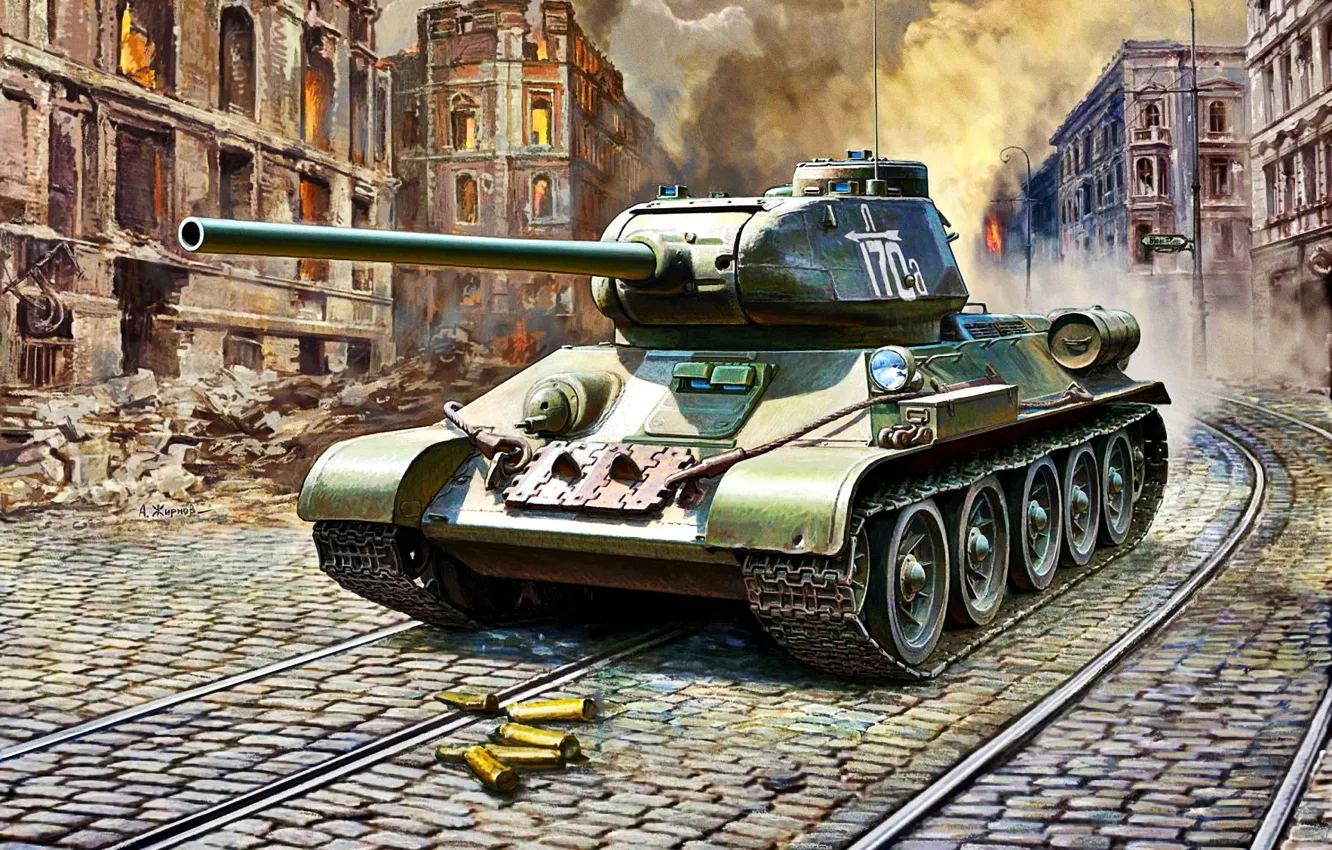 Photo wallpaper sleeve, tram tracks, T-34/85, The Red Army, WWII, 4th GW.MAF, 2nd TC., The ruins of …