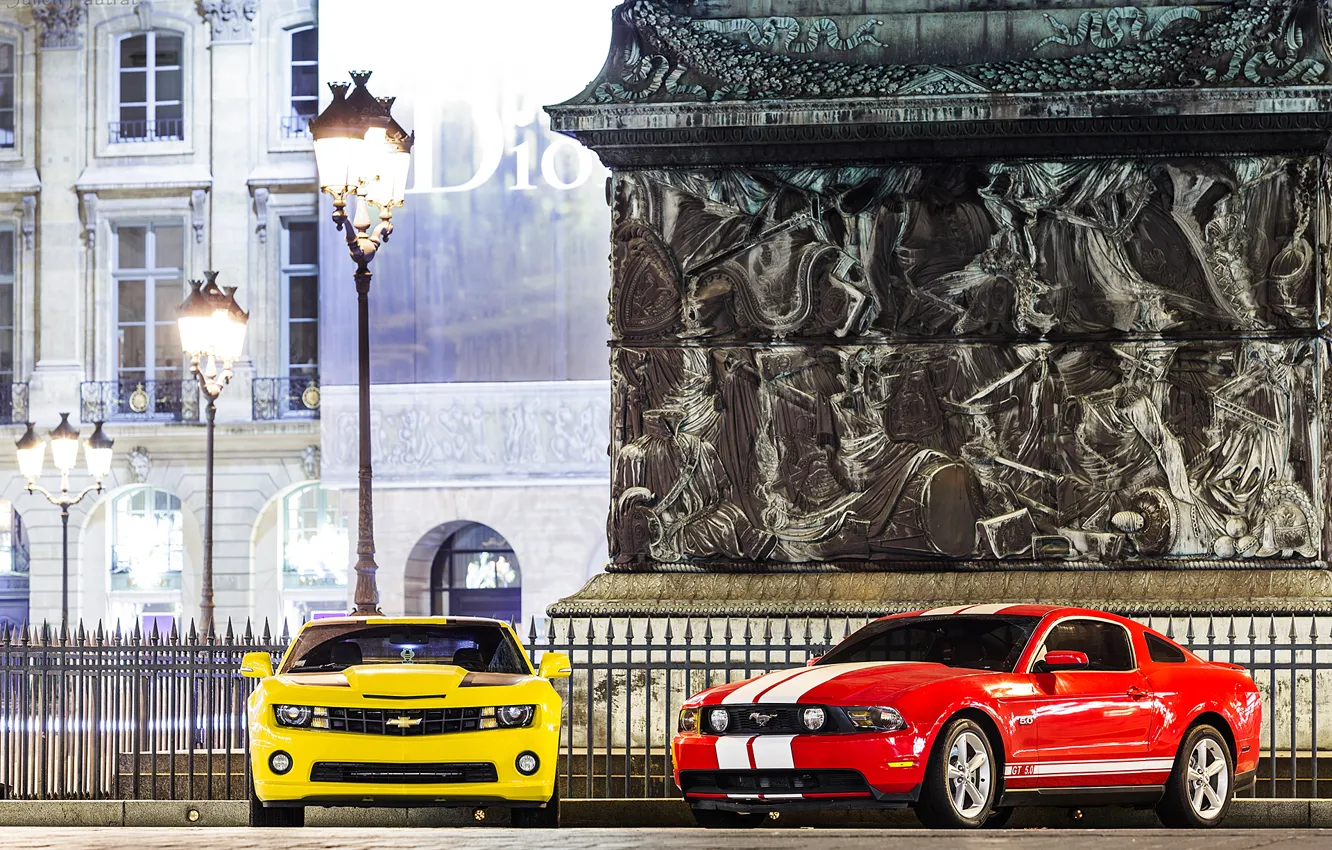 Photo wallpaper mustang, lights, ford, chevrolet camaro, muscle cars