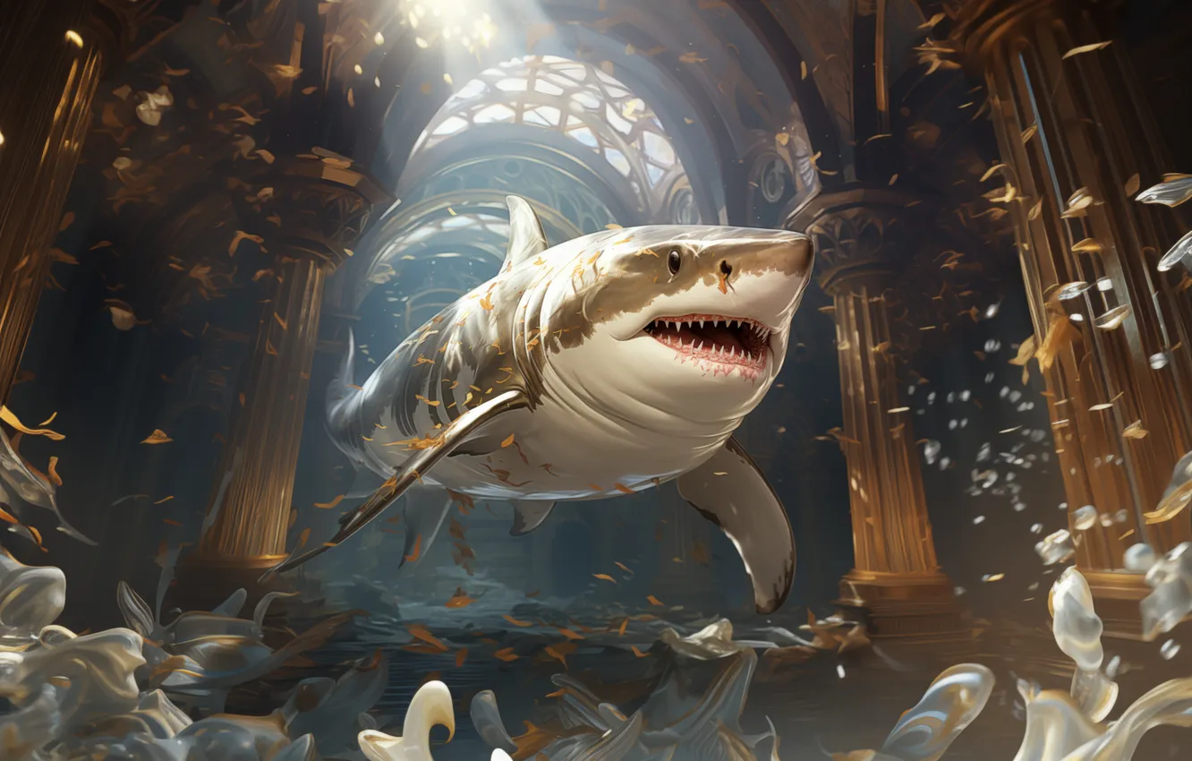 Photo wallpaper building, predator, shark, underwater world, digital art, AI art, The Art of Artificial Intelligence, neural …