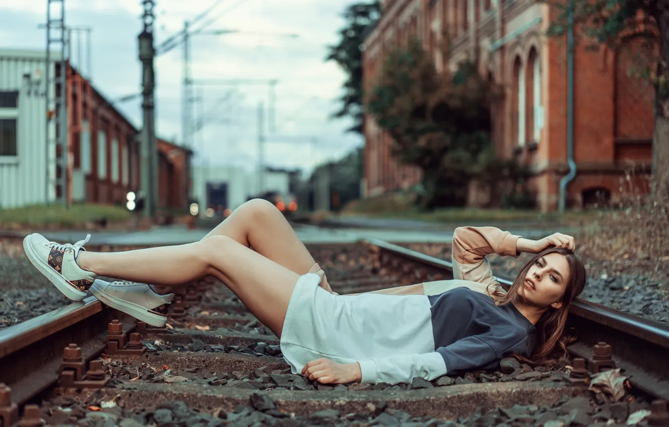 Photo wallpaper look, girl, pose, feet, rails, the situation, railroad, lies