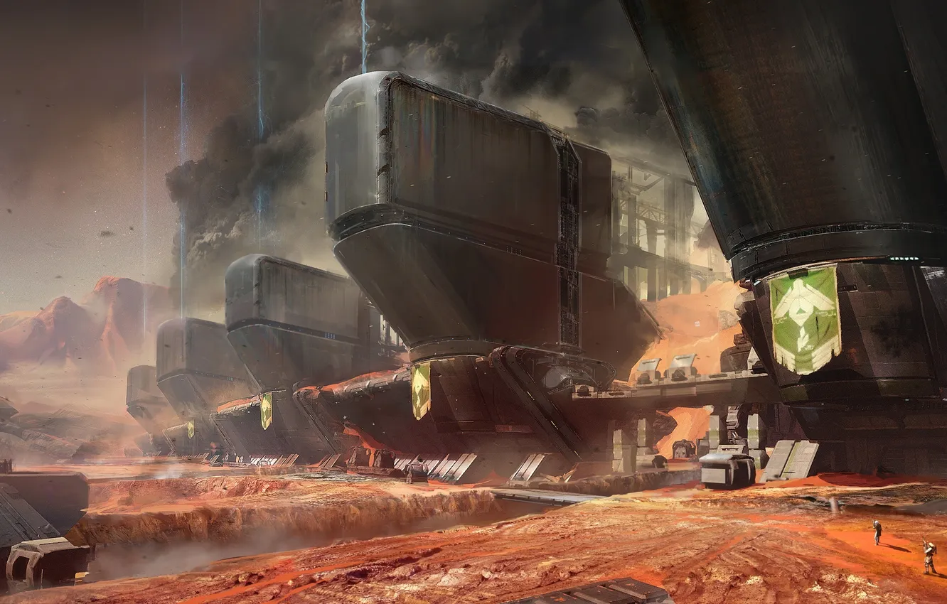 Photo wallpaper rays, mountains, people, planet, station, installation, Concept Art, Destiny