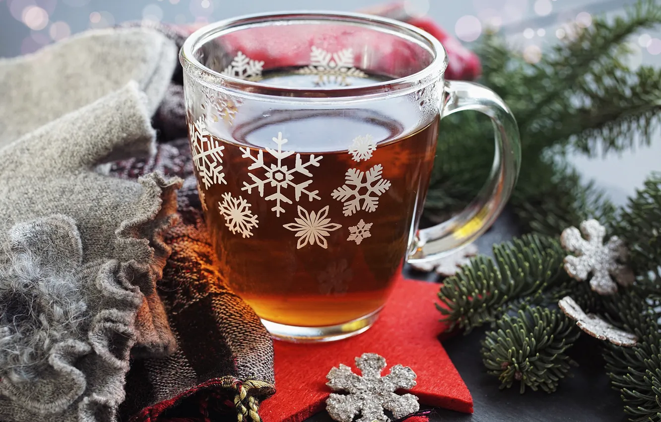 Photo wallpaper winter, snowflakes, tea, tree, mug, Cup, plaid, Christmas