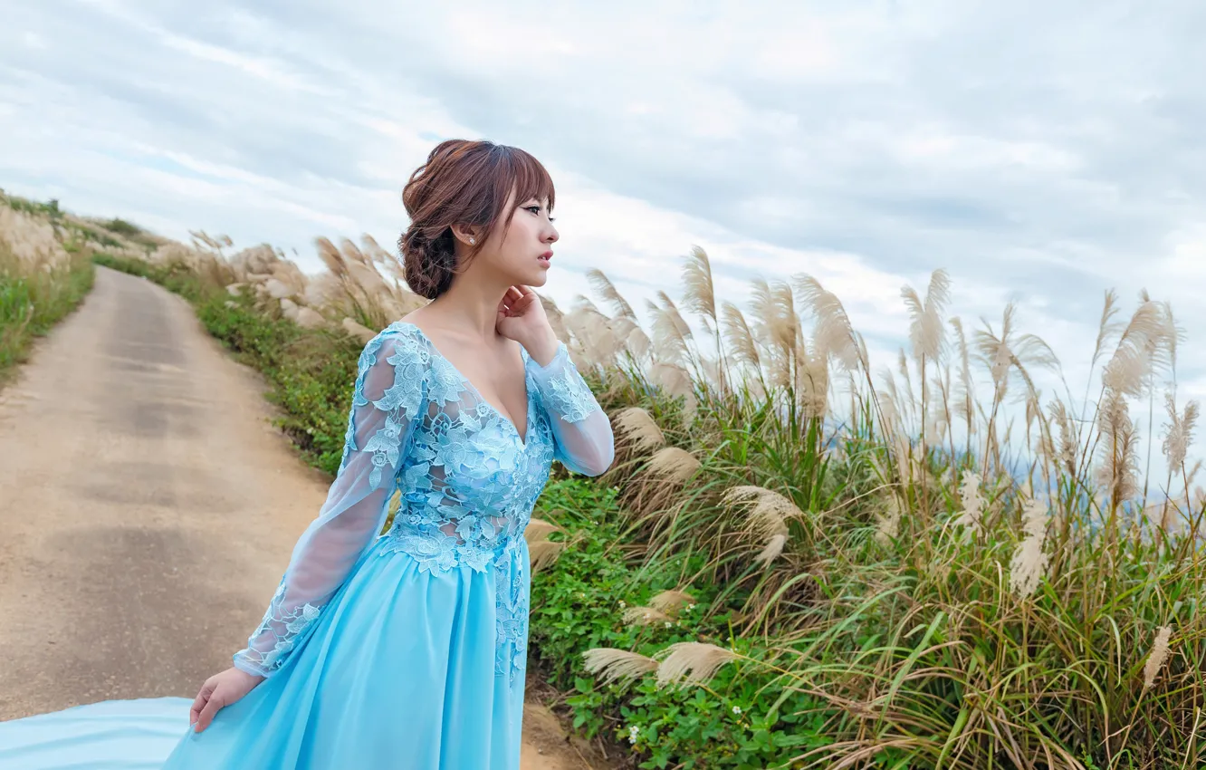Photo wallpaper girl, Asian, the wind, face, dress, hair
