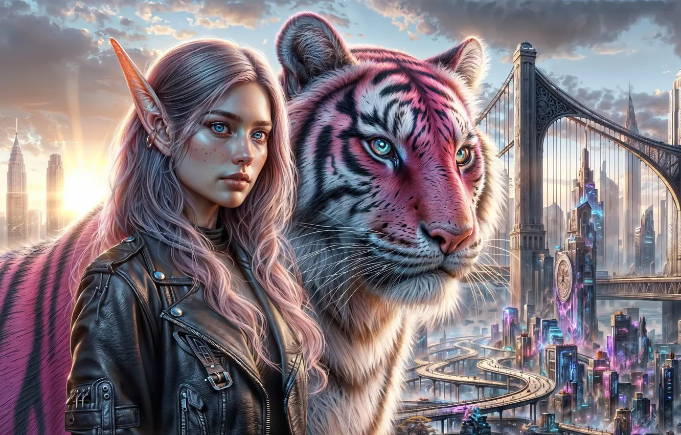 Photo wallpaper girl, the city, tiger, elf