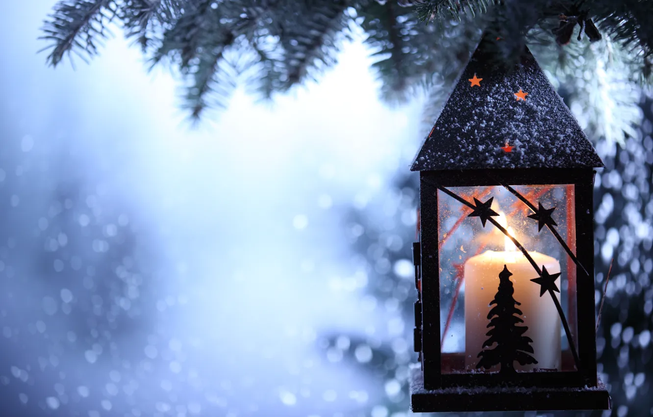 Photo wallpaper winter, snow, snowflakes, candle, spruce, branch, flashlight, lantern