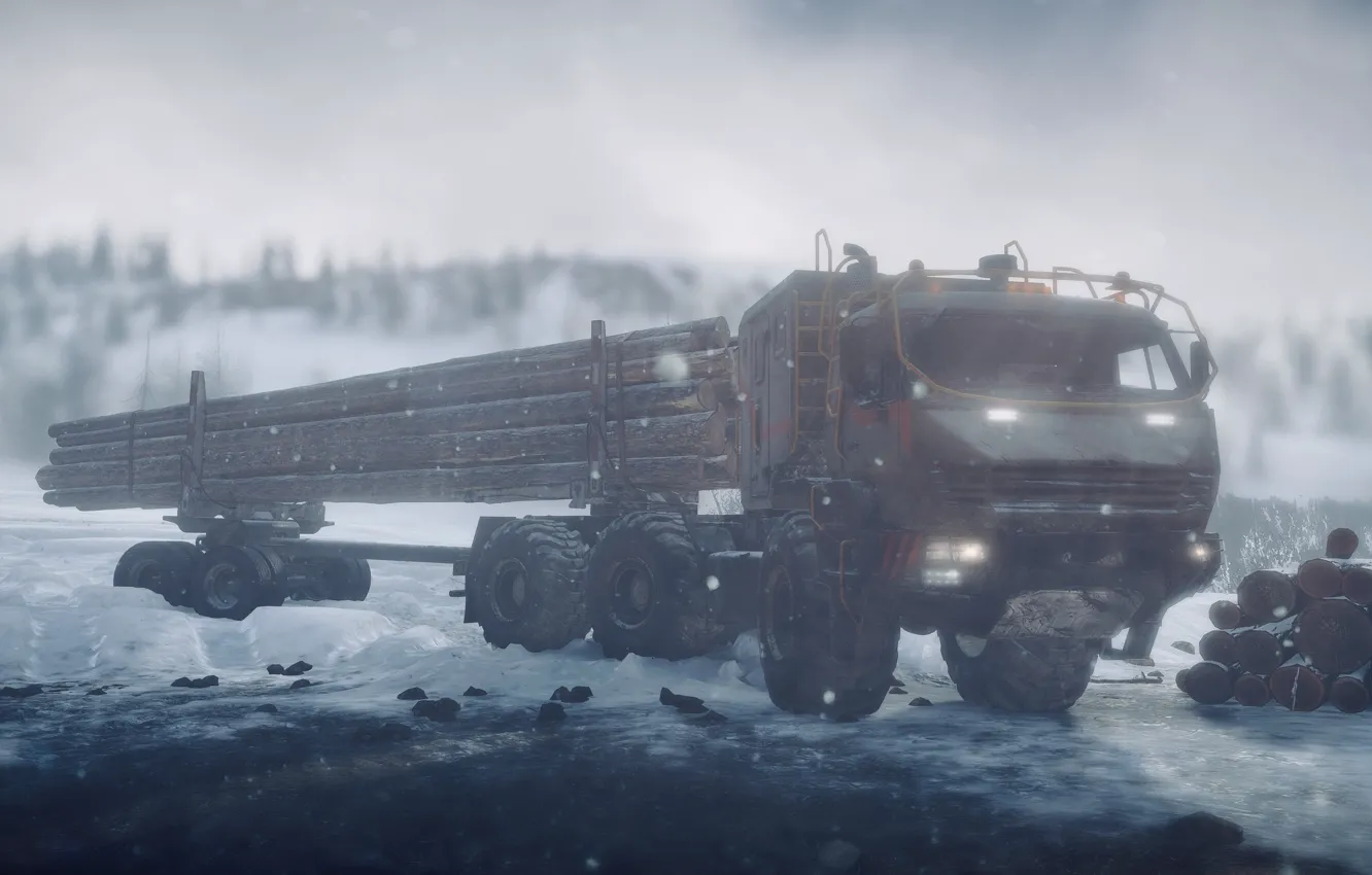 Photo wallpaper lights, HDR, ice, game, trees, water, winter, truck