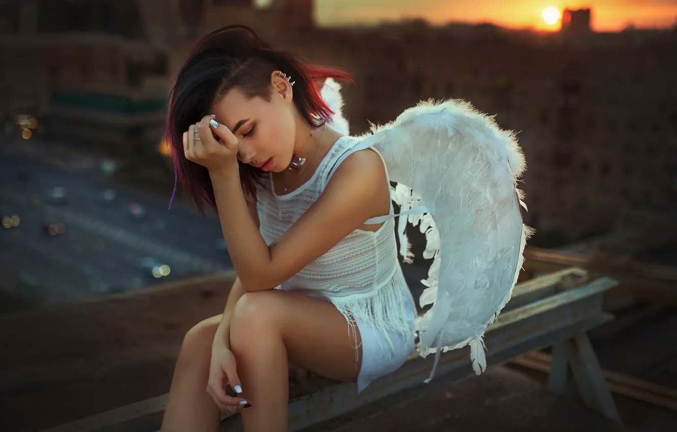 Photo wallpaper roof, girl, sunset, the city, wings, angel, Moscow, Alia Lando