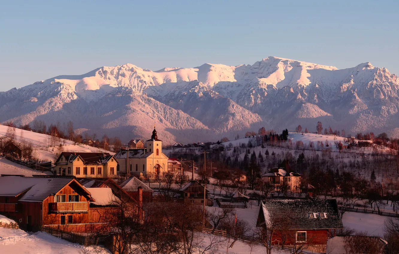 Photo wallpaper winter, mountains, snow, village, sunlight, Romania, church, Brasov