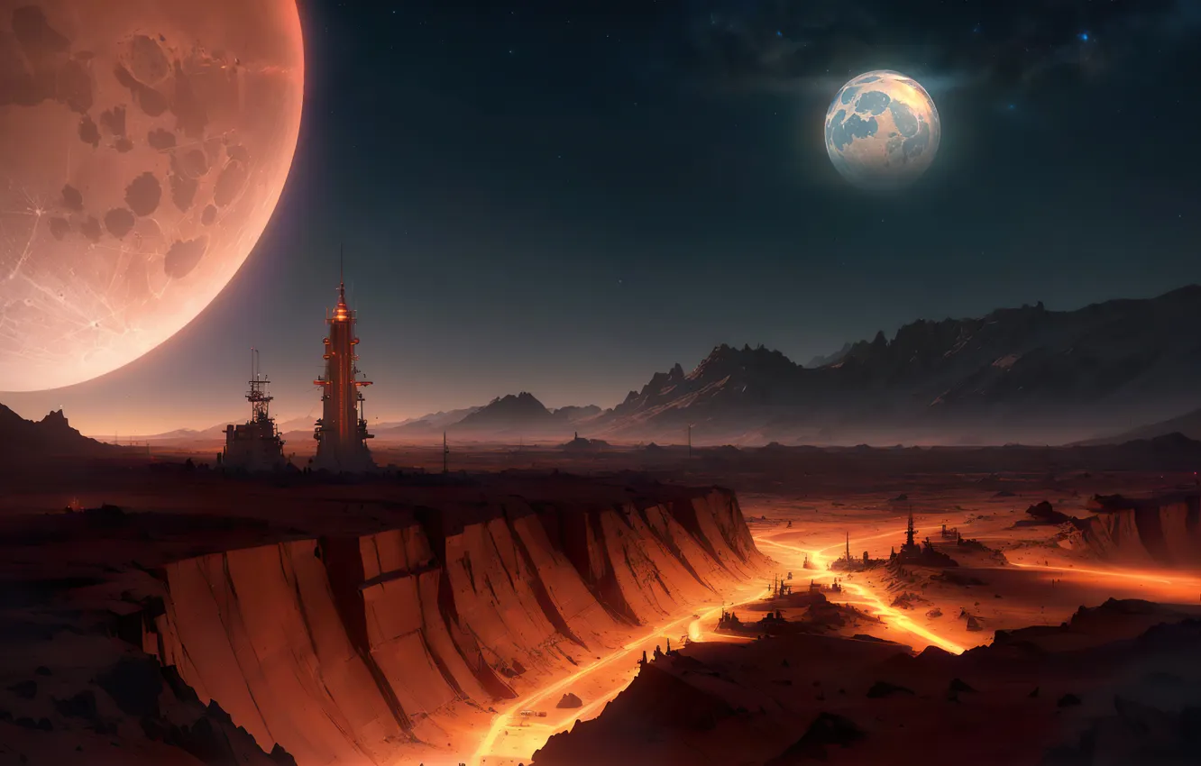 Photo wallpaper moon, landscape, art, fantastic, planet, digital art, lava, surface
