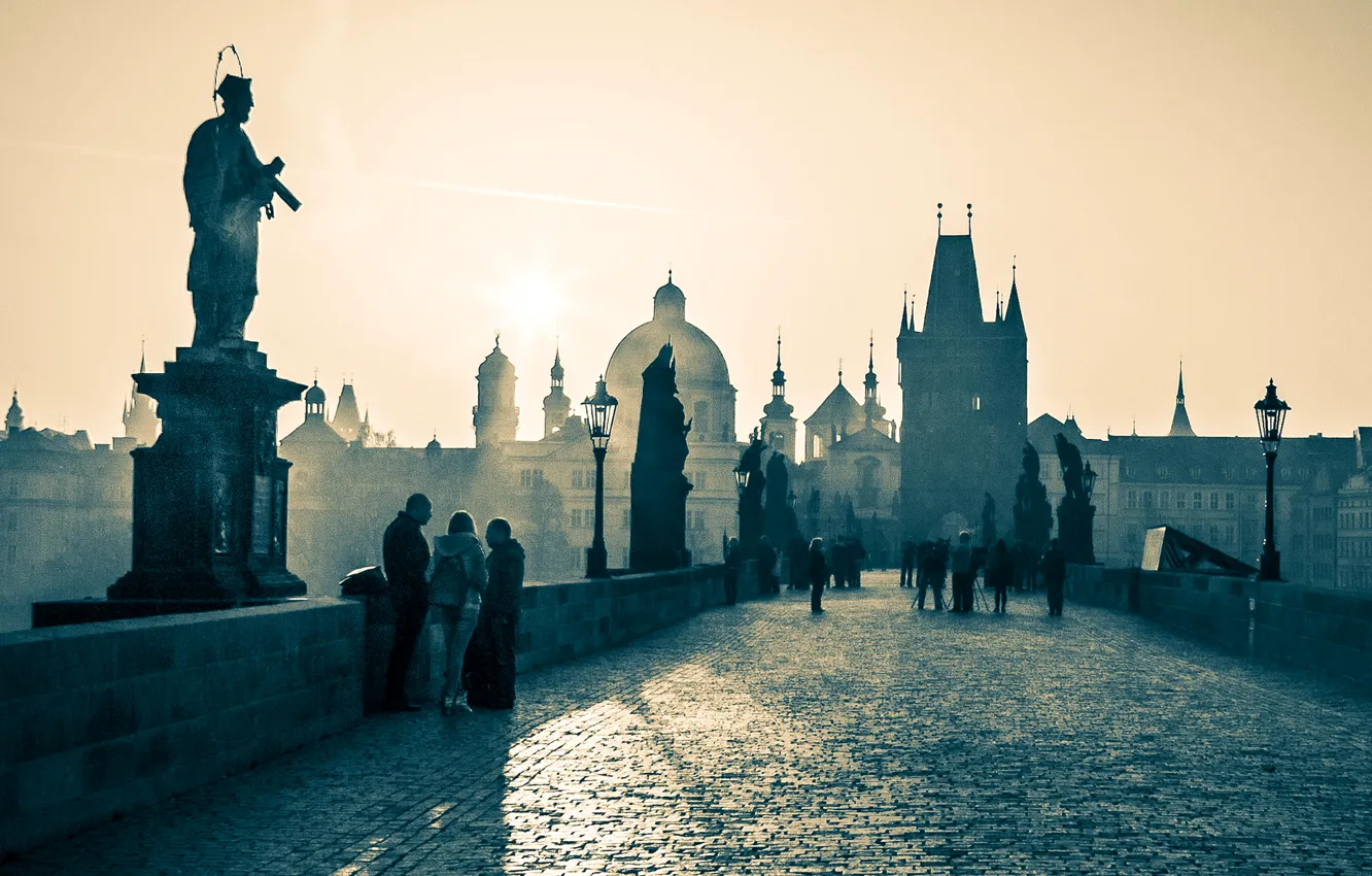 Photo wallpaper people, morning, Prague, Czech Republic, Charles bridge