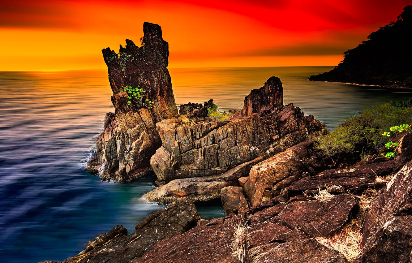 Photo wallpaper sea, landscape, sunset, nature, rocks, horizon, Thailand