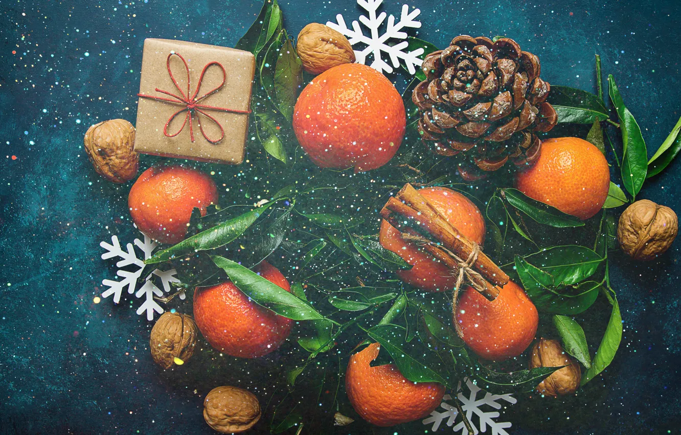 Photo wallpaper decoration, New Year, Christmas, Christmas, wood, fruit, New Year, tangerines