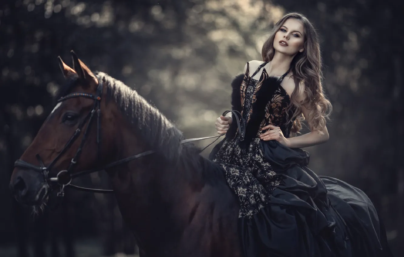 Photo wallpaper look, girl, horse, portrait, Dress, bokeh, Alina Moore, Valentina Chizhova