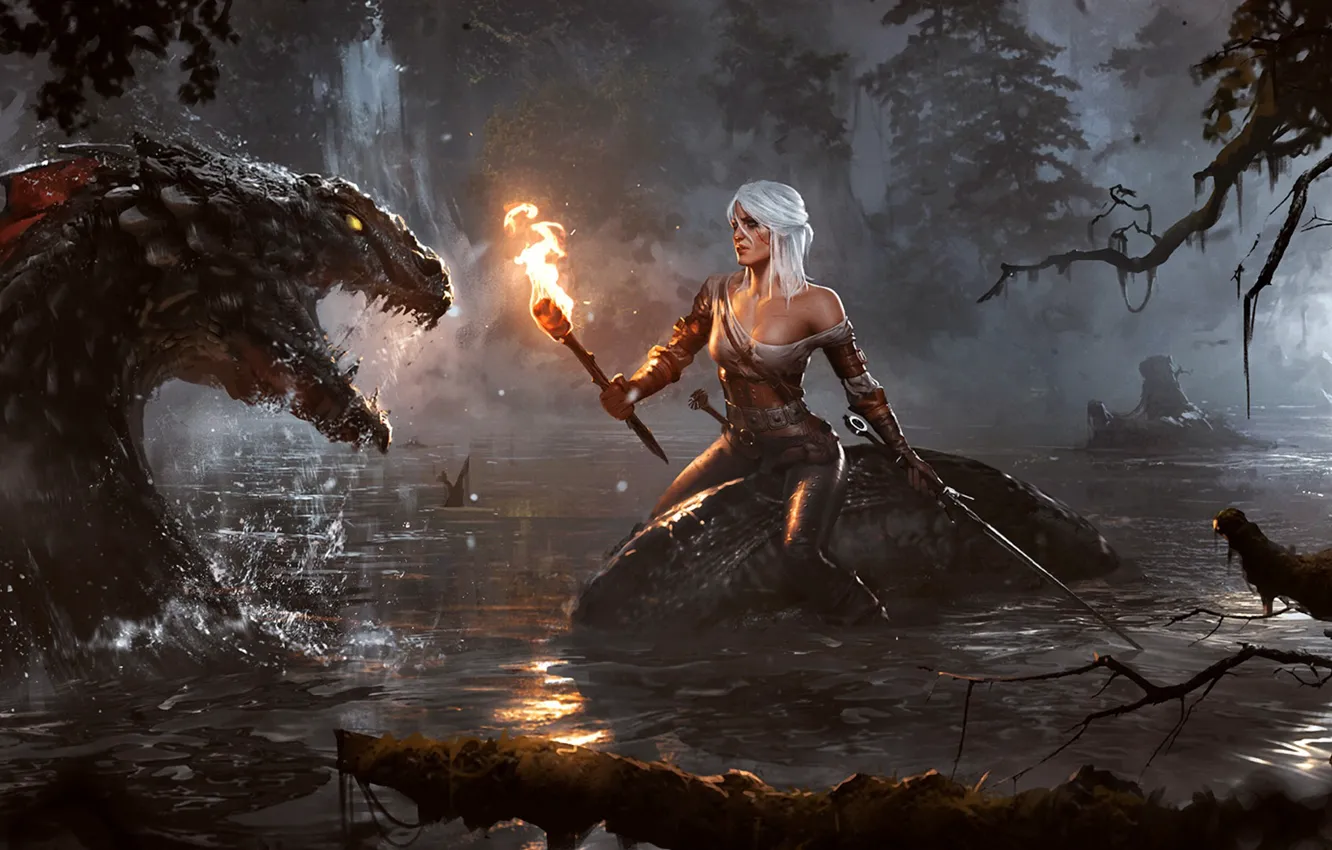 Photo wallpaper water, night, lake, woman, sword, torch, monster, witcher