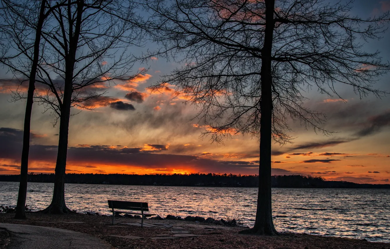 Photo wallpaper landscape, sunset, lake, bench