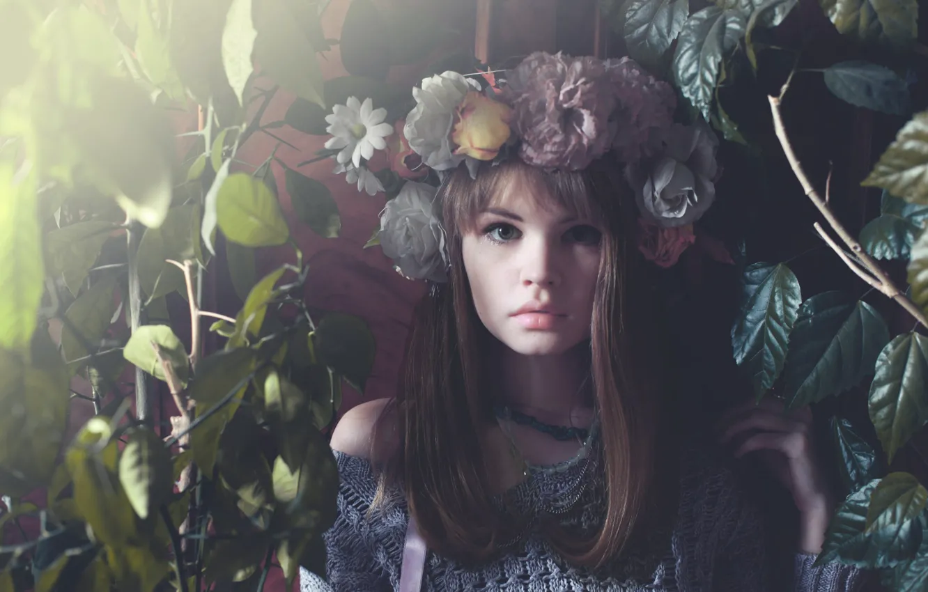 Photo wallpaper look, leaves, girl, flowers, face, sweetheart, model, hair