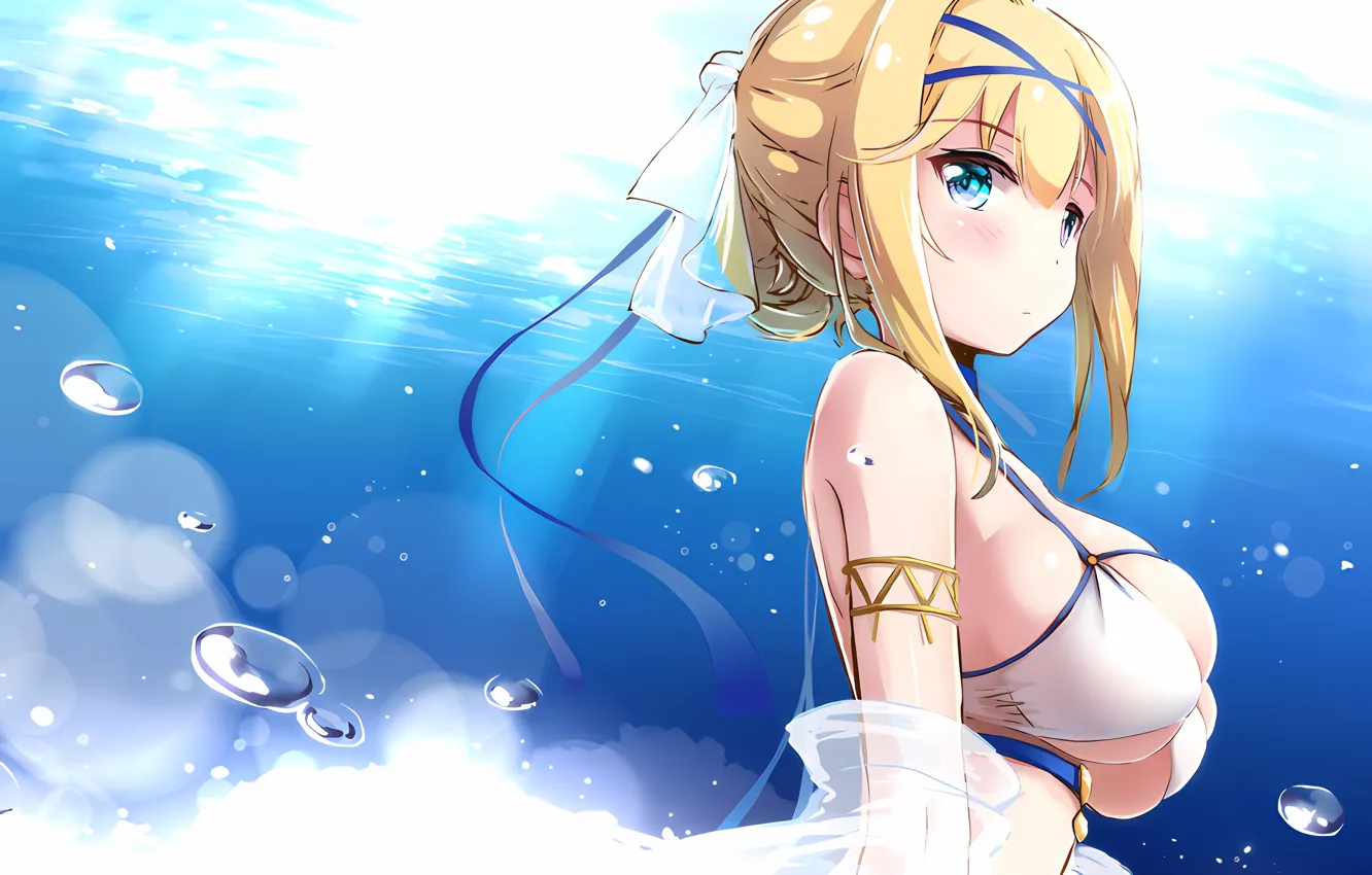 Photo wallpaper girl, sexy, cleavage, blouse, sea, boobs, anime, water