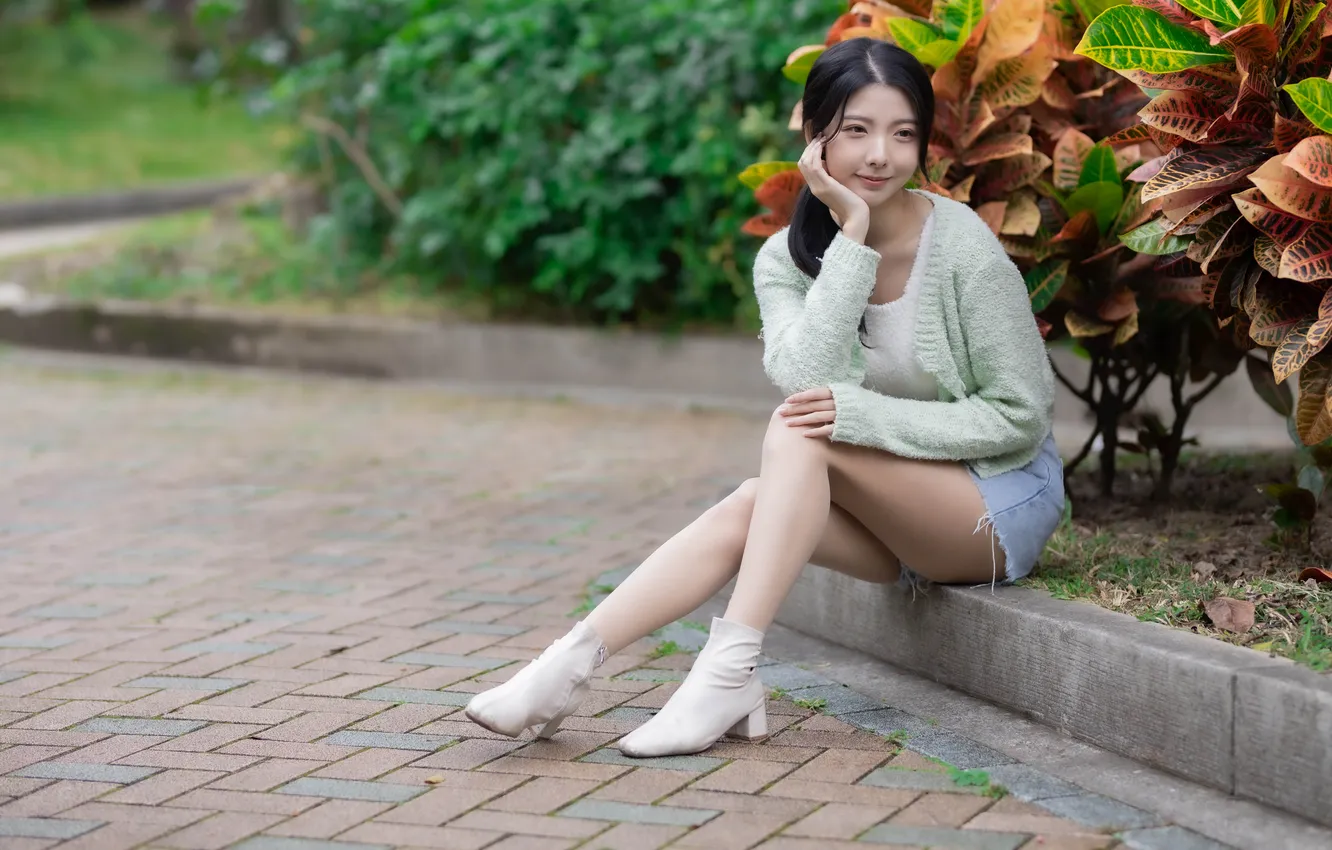 Photo wallpaper shorts, brunette, blouse, legs, Asian, sitting
