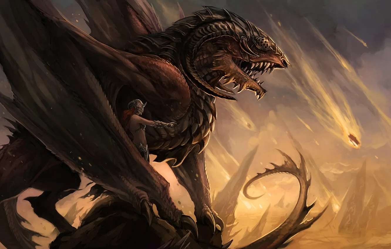 Photo wallpaper girl, lights, stones, wings, monster, art, helmet, meteorites