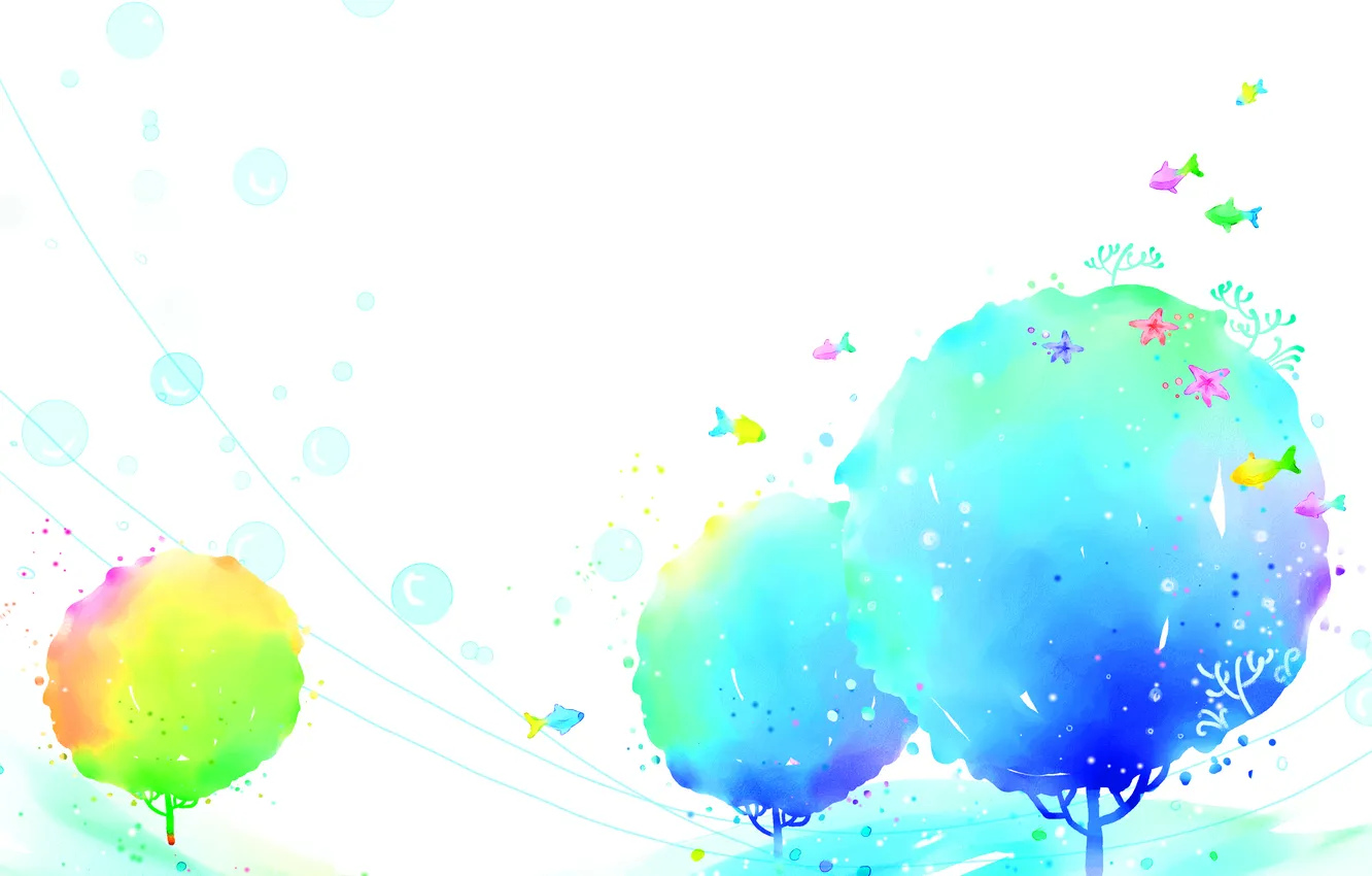 Photo wallpaper trees, fish, bubbles, blue