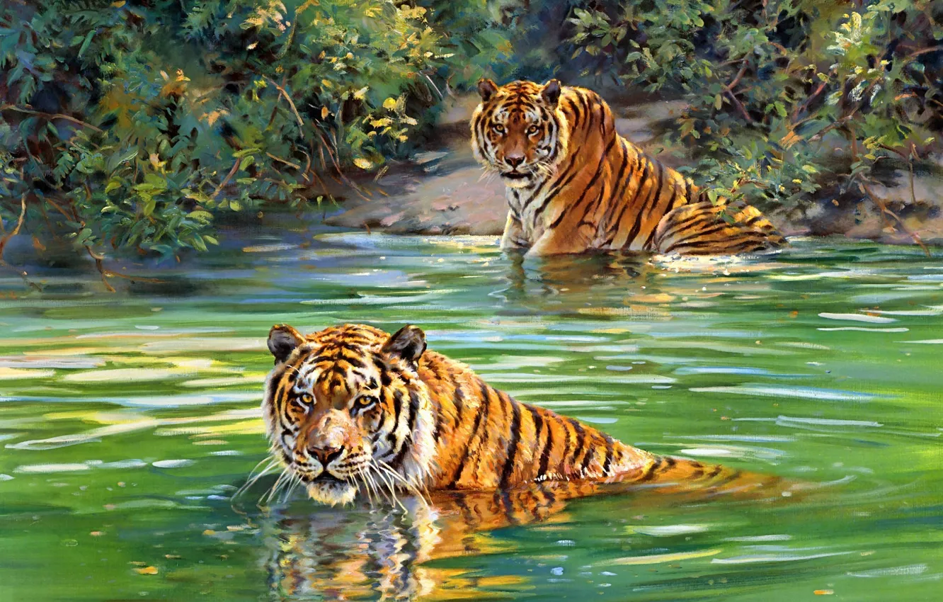 Photo wallpaper tiger, river, painting, Donald Grant