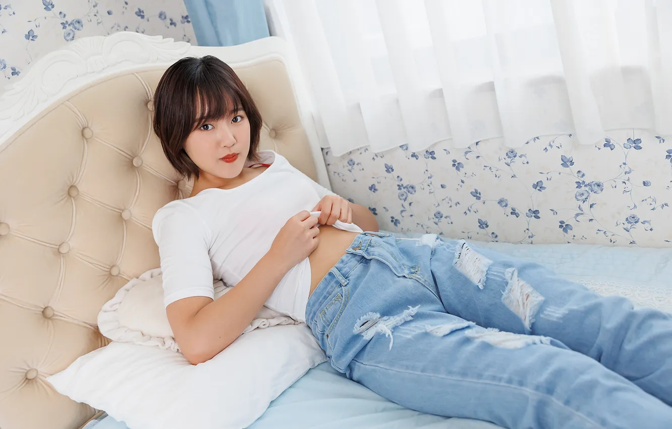 Photo wallpaper woman, smile, beautiful, model, pretty, window, jeans, Denim