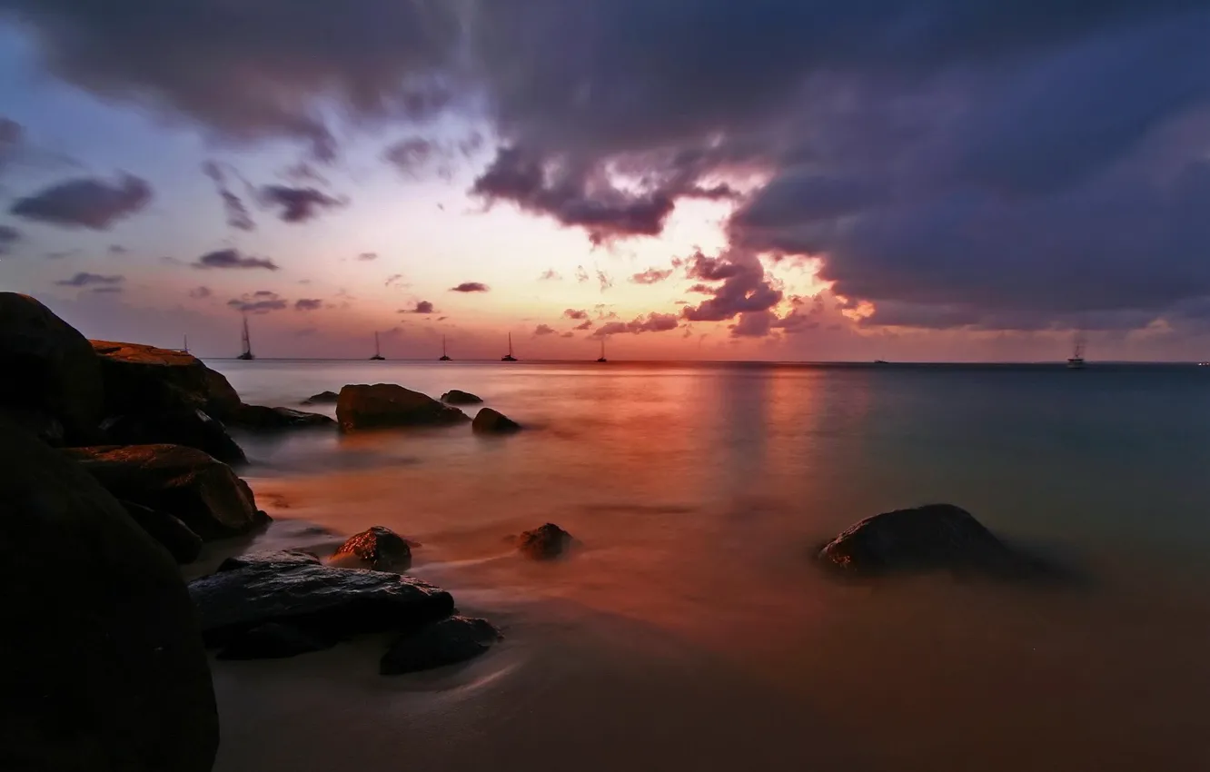 Photo wallpaper water, clouds, stones, shore, the evening