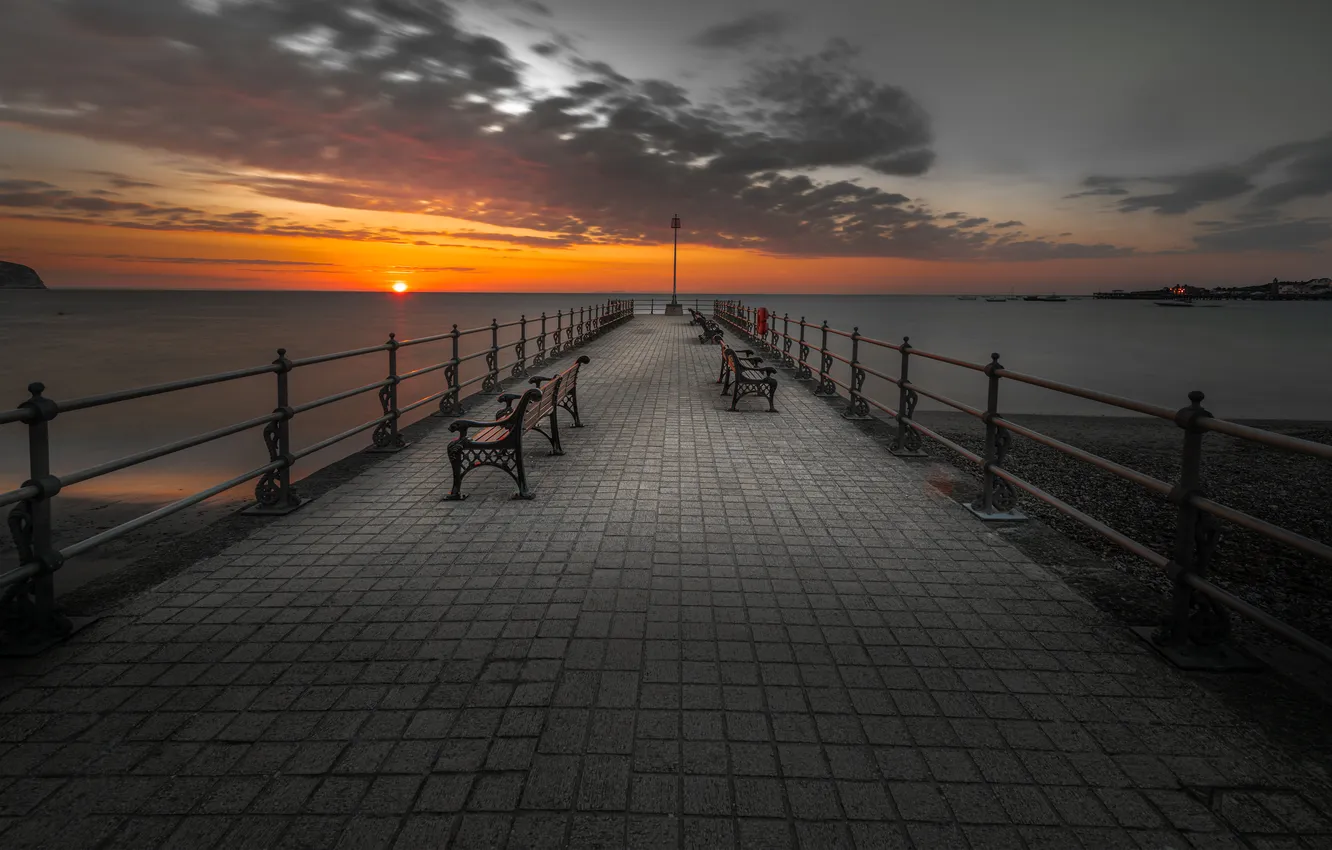 Photo wallpaper sunset, shore, bench
