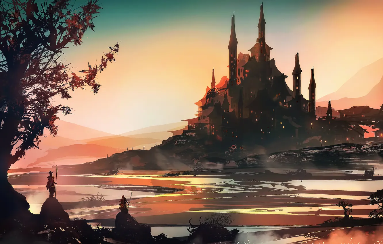 Photo wallpaper lights, fantasy, river, sunset, castle, digital art, artwork, fantasy art
