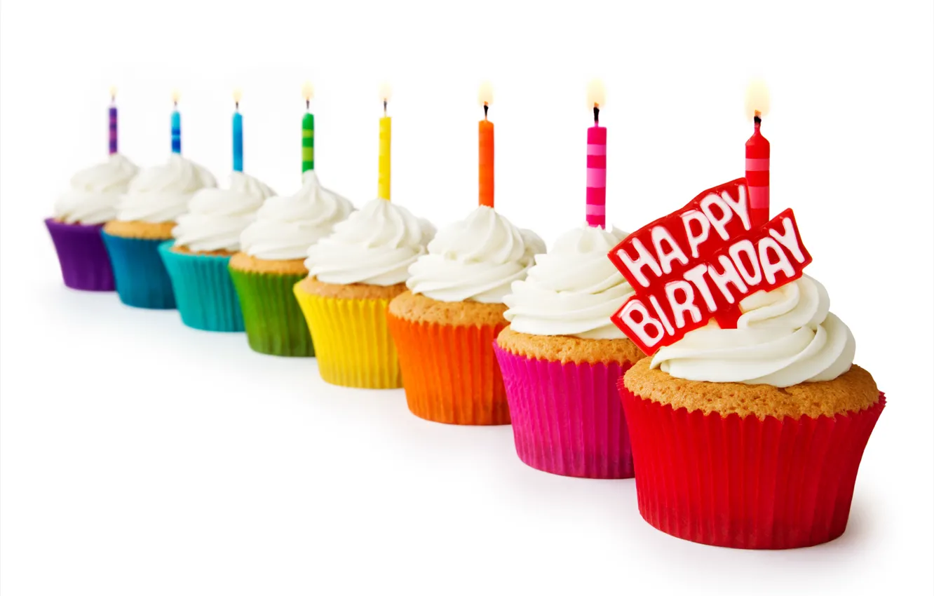 Photo wallpaper colorful, dessert, cakes, sweet, cupcakes, dessert, happy birthday, candles