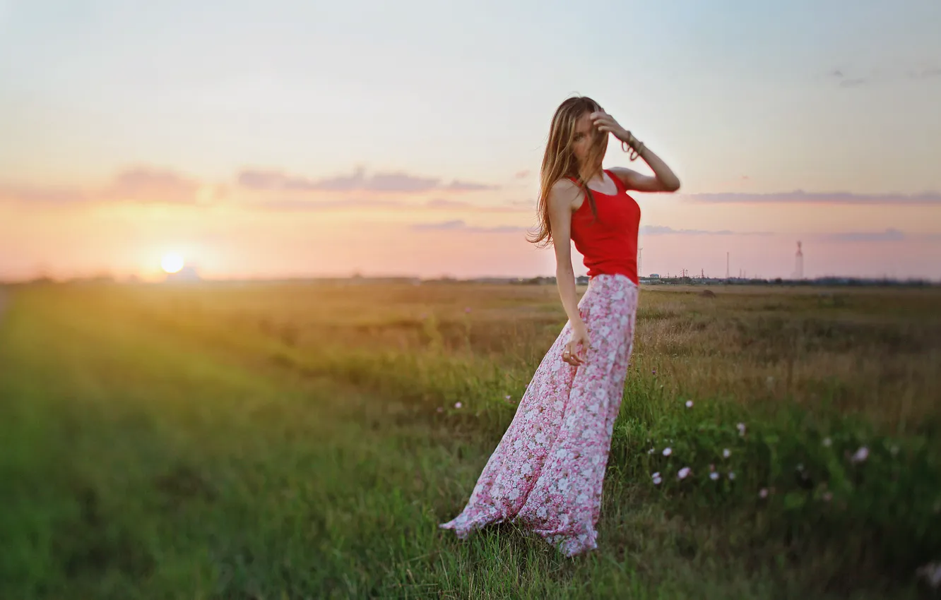 Photo wallpaper field, girl, the sun, sunset, flowers, bracelets