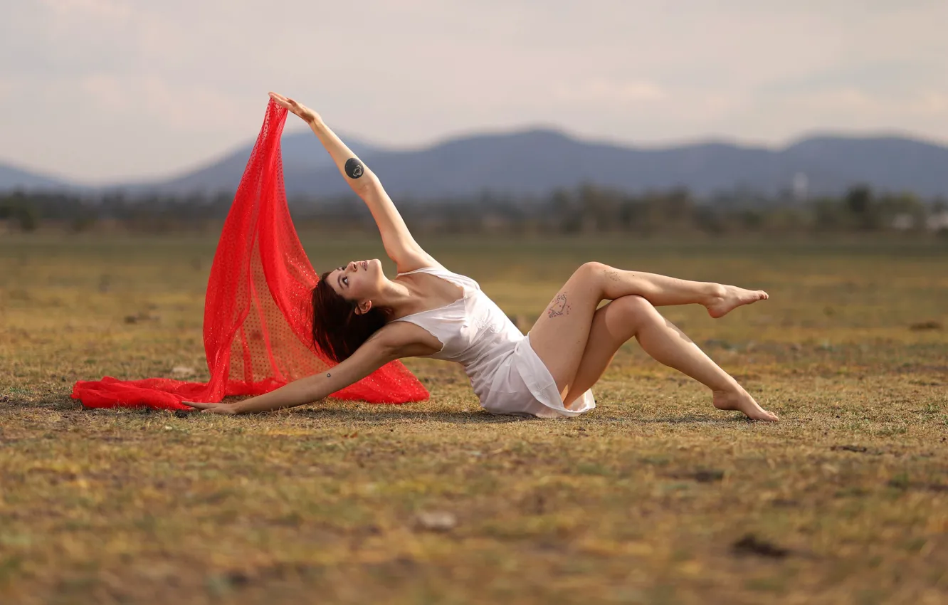 Photo wallpaper girl, legs, shawl, bokeh, dress, Satie