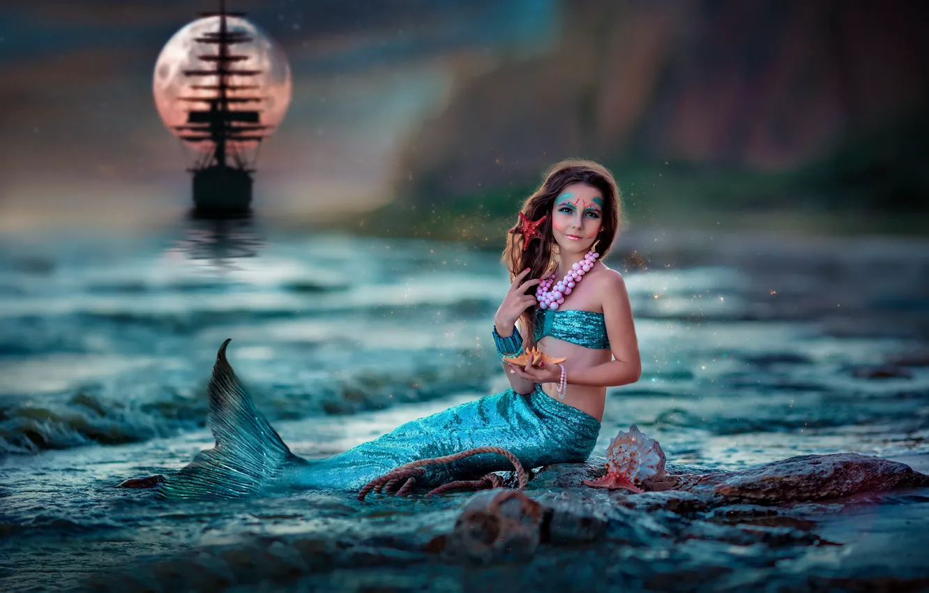 Photo wallpaper sea, decoration, ship, mermaid, girl, shell, the little mermaid, Ekaterina Dombrugova