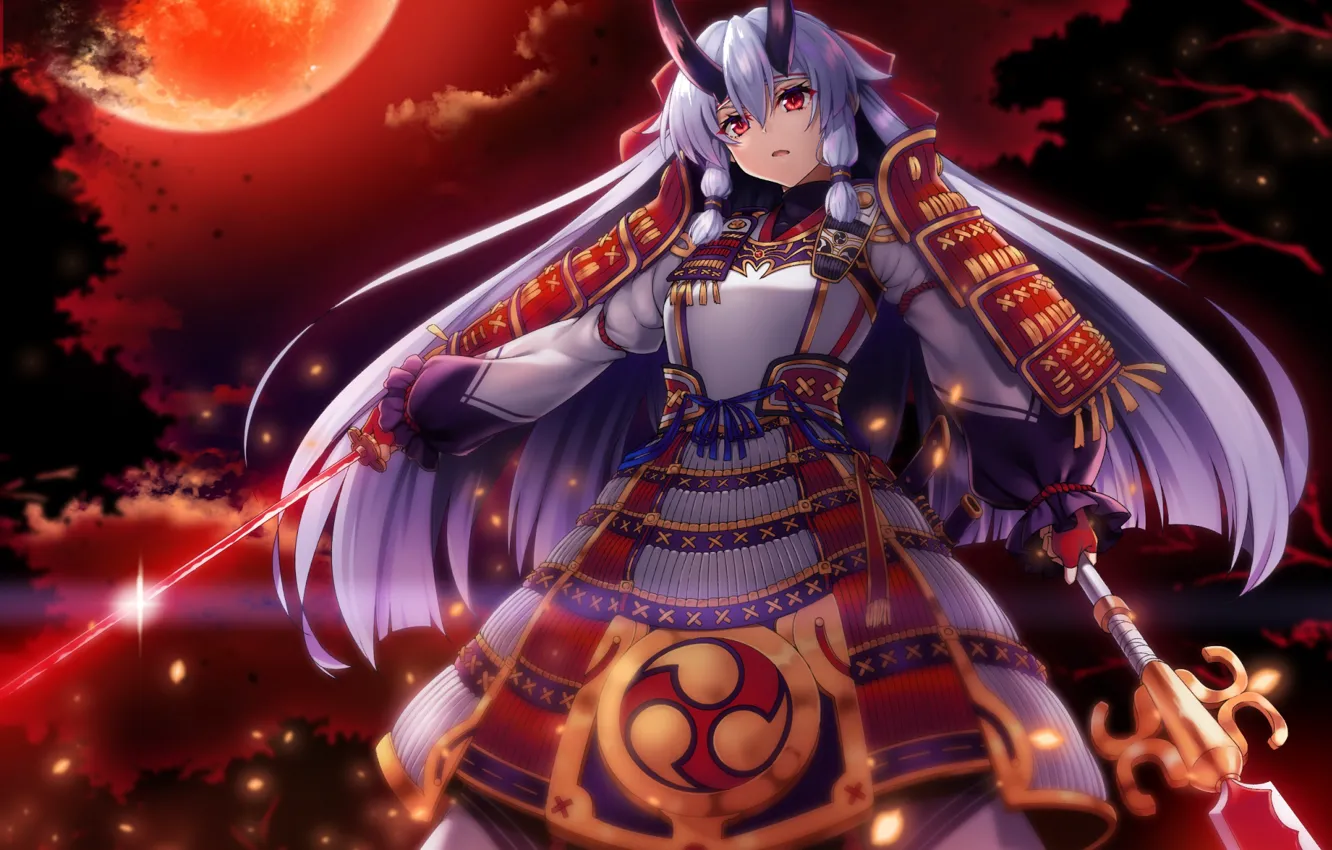 Photo wallpaper girl, night, sword, art, fate/grand order, raiou, tomoe gozen