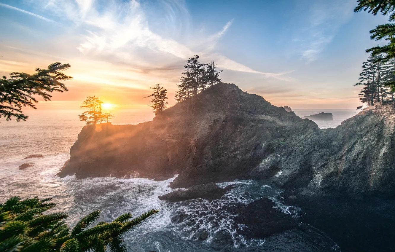 Photo wallpaper sea, forest, light, mountains, rocks