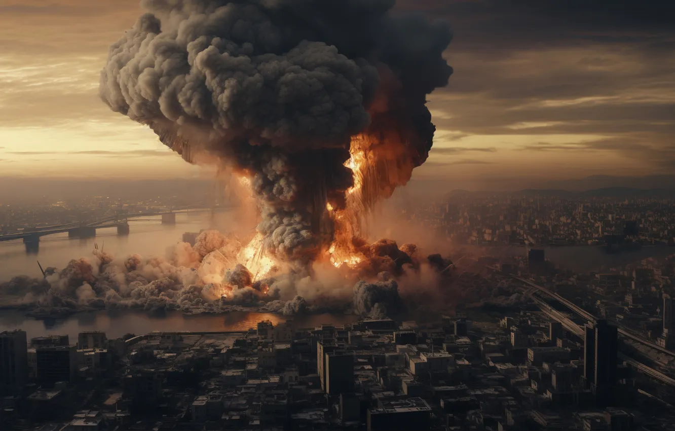 Photo wallpaper the explosion, bridge, the city, river, mushrooms, home, skyscrapers, destruction