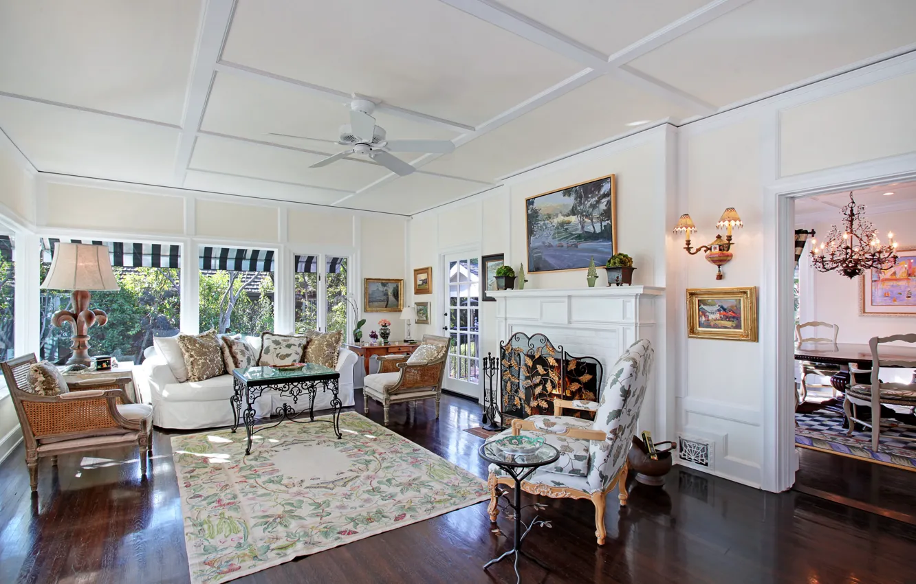 Photo wallpaper design, photo, sofa, carpet, interior, chair, fireplace, living room