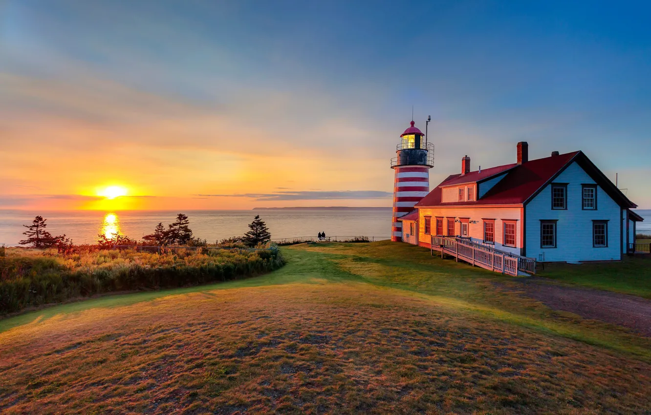 Photo wallpaper sunset, shore, lighthouse