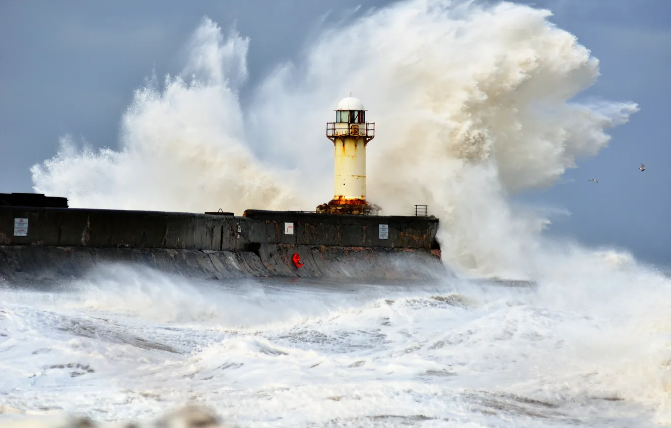 Photo wallpaper sea, wave, squirt, storm, lighthouse