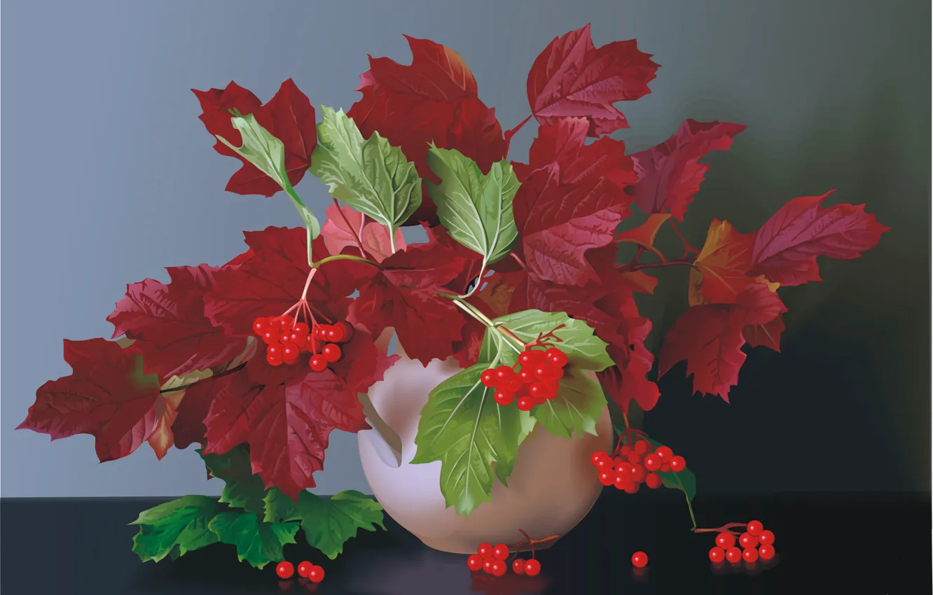 Photo wallpaper autumn, leaves, berries, vase, still life, Kalina, the crimson