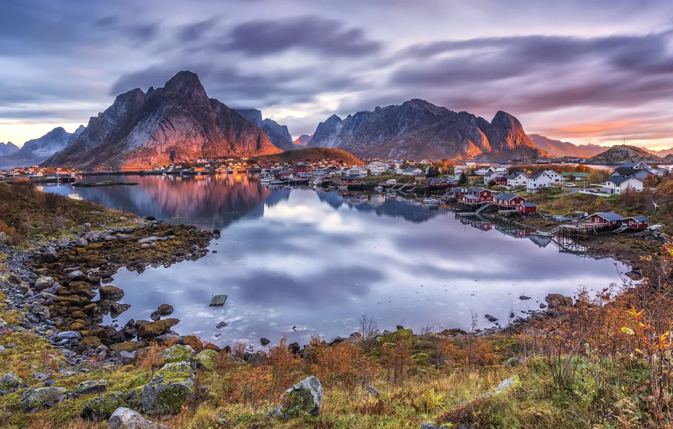 Photo wallpaper sea, landscape, mountains, nature, dawn, morning, village, Norway