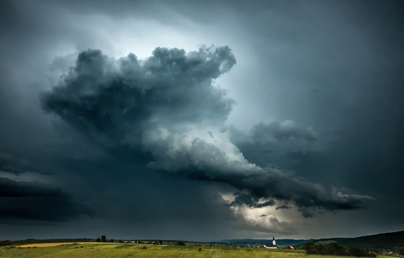 Photo wallpaper the storm, field, the sky, clouds, storm, Church, hurricane