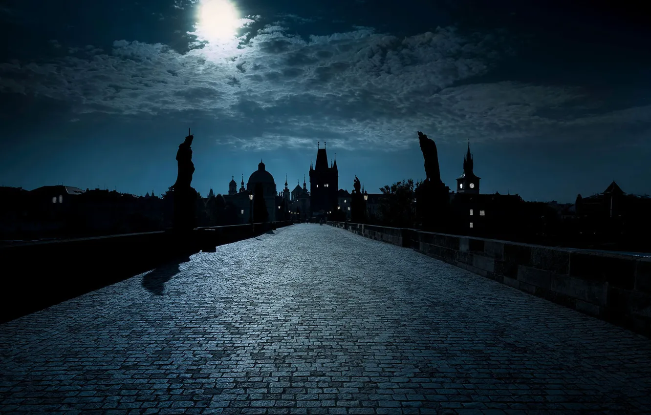 Photo wallpaper night, Prague, Czech Republic, Charles bridge