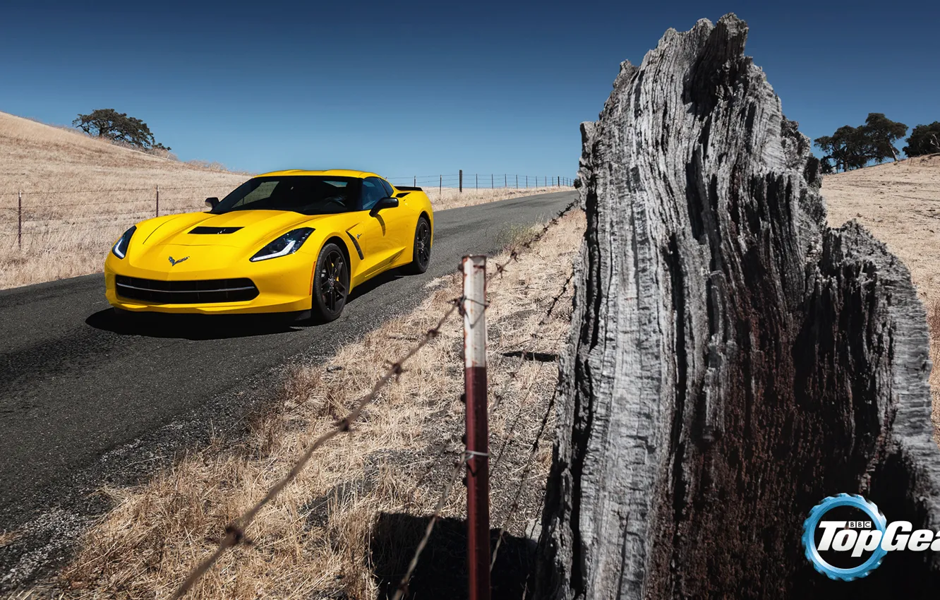 Photo wallpaper road, yellow, Corvette, Chevrolet, Chevrolet, Top Gear, Coupe, the front