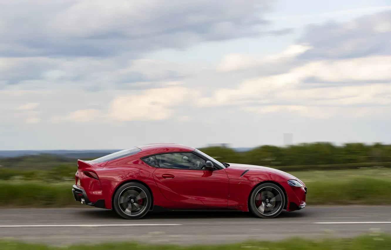 Photo wallpaper road, red, movement, coupe, Toyota, Supra, the fifth generation, in profile